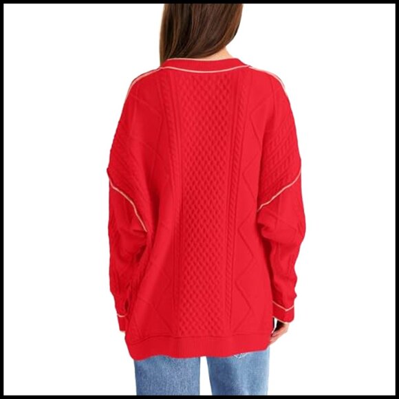 Oversized Cable Knit Cardigan Sweater Lightweight Button Front Pockets - Picture 4 of 7